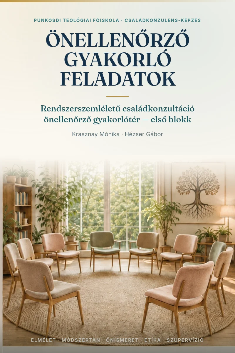 Családkonzulens önellenőrző gyakorló feladatok — borító: kör alakú székrend a konzultációs szobában
