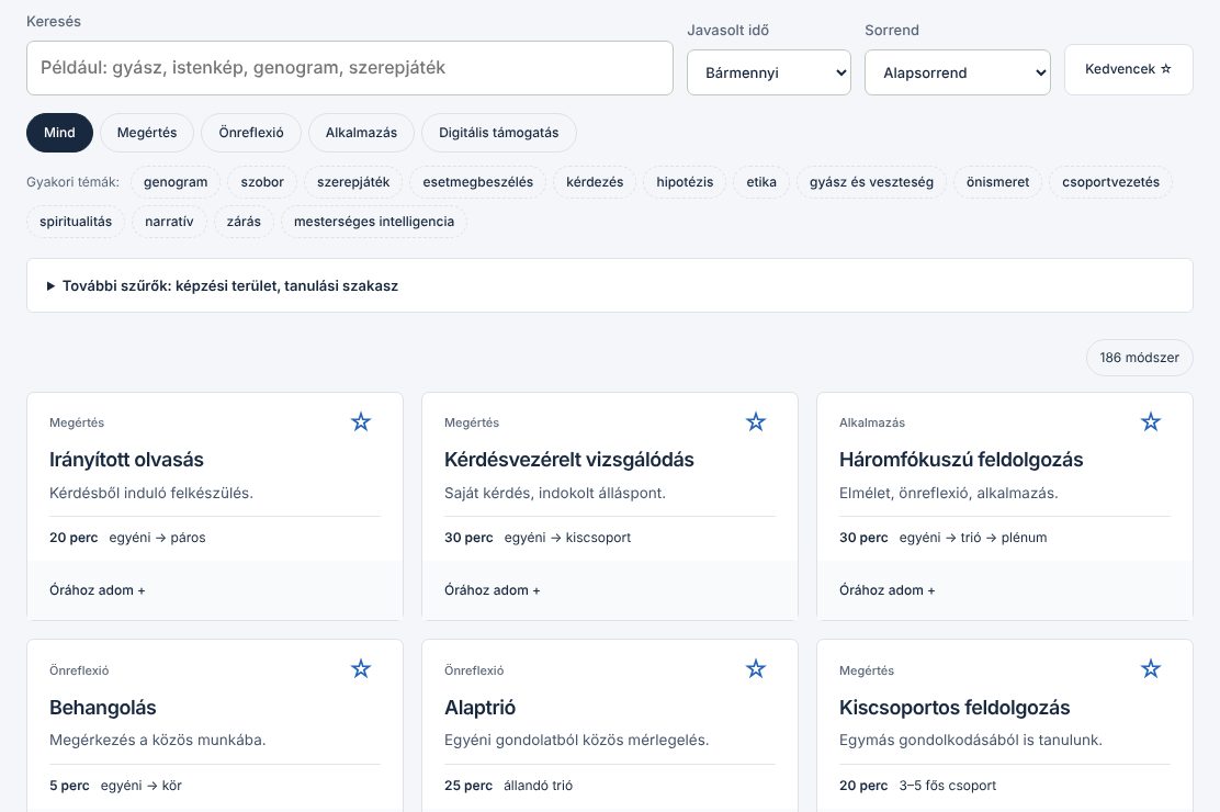A Módszertár képernyőképe: kereső, időszűrő, sorrendválasztó, tanulási fókuszok, gyakori témák és módszerlap-kártyák